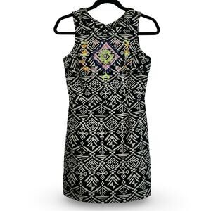 Ligali Tribal Print Beaded Sheath Dress Size Small Embroidered Cut Out Boho